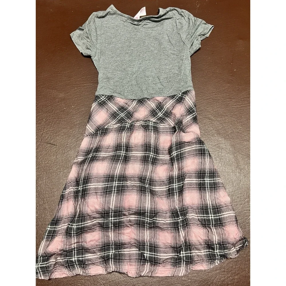 Justice Grey‎ w/ Faux Pink Black Flannel Shirt Tie Dress Sz. 7